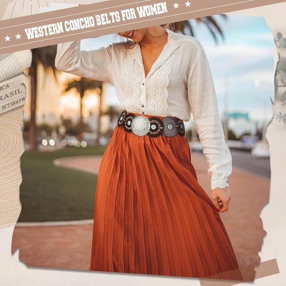 Woman's Western PU Leather Belt Concho Disc Wide Waist Belt Coffee Silver Buckle - Picture 5 of 6